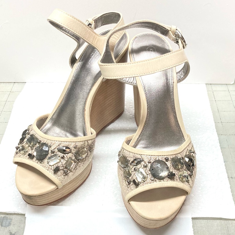 Coach Tan Leather Embellished Linen Stacked Platform Wedge Ankle Strap Shoes